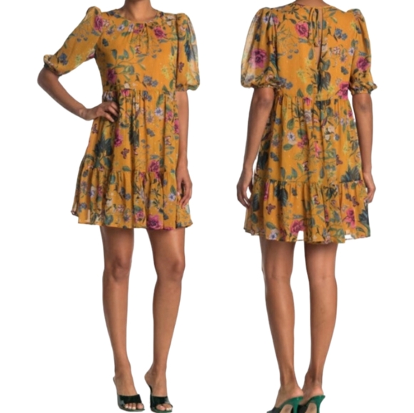 Eliza J Dresses & Skirts - Eliza J Floral Short Sleeve Tiered Metallic Dot Chiffon Shift Dress size 14